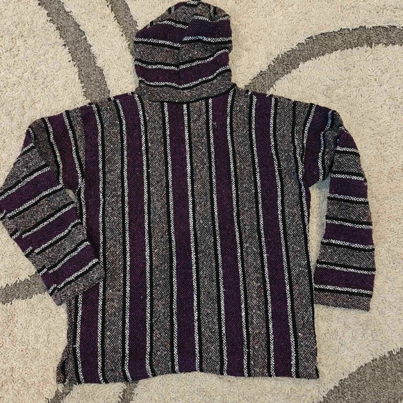 Franks Textiles Men L purple Black Mexican BAJA Poncho Hoodie Pullover Shirt Top - Picture 7 of 7